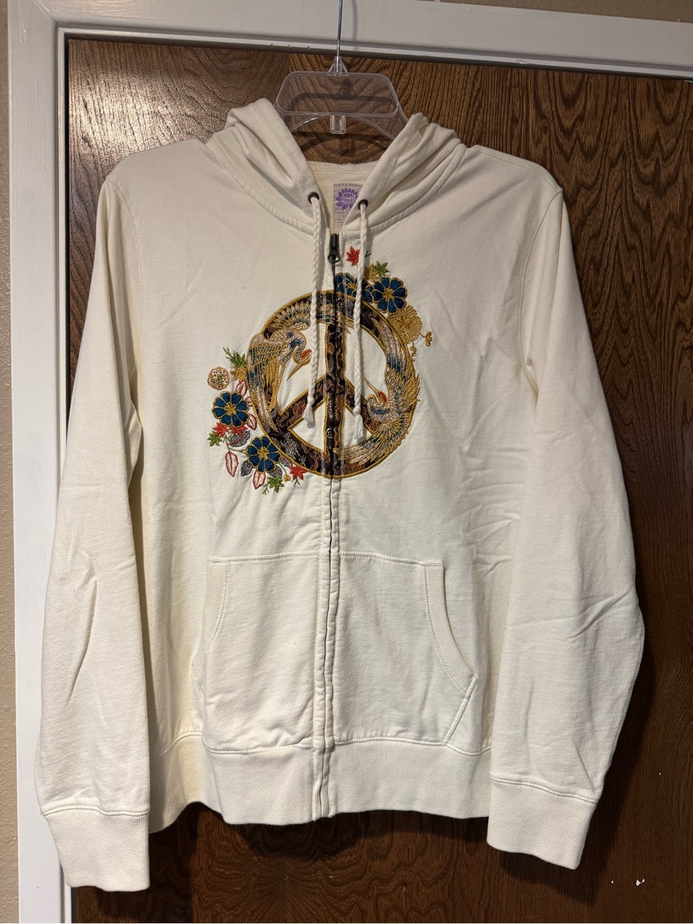Lucky Brand Cream Zip-Up Hoodie with Embroidered Peace Motif